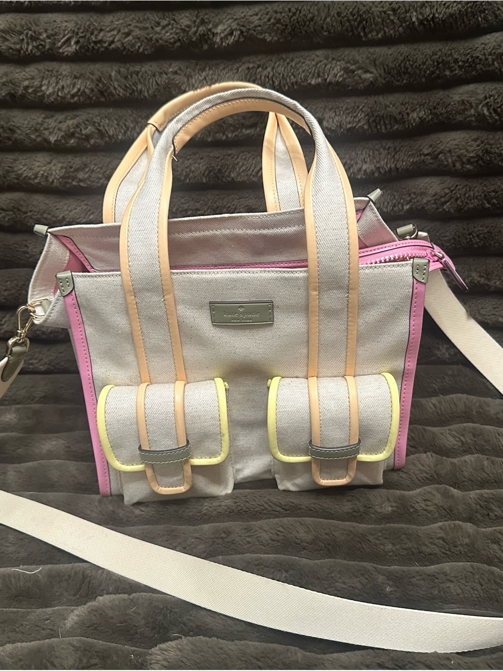 kate spade Cream Canvas Shoulder Bag with Pink and Yellow Trim